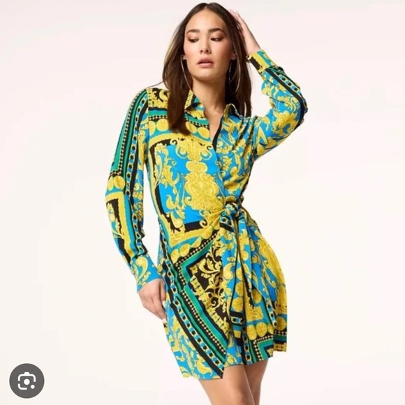 NWT Intempo Kohl’s Versace Inspired Chain Print Blue Gold Green Wrap Dress Large - Picture 1 of 10